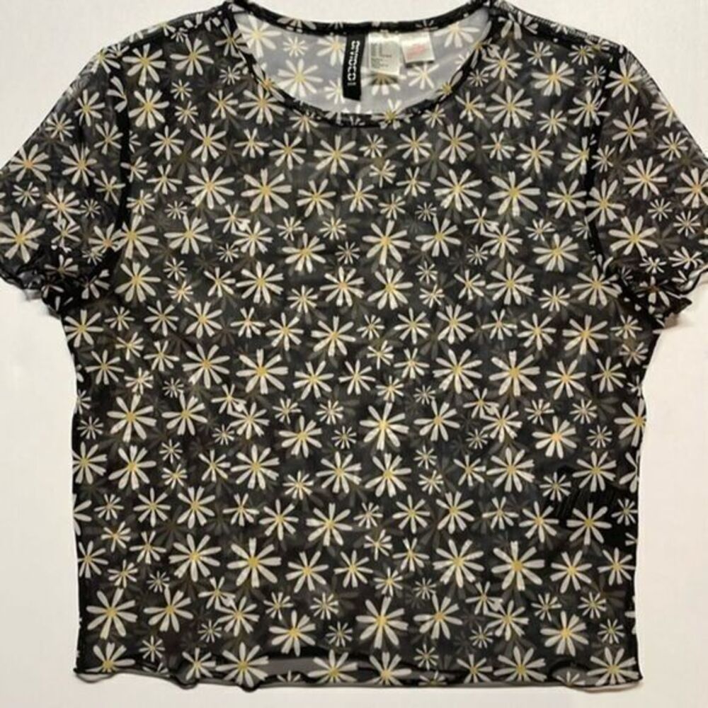 H&M juniors short sleeve cropped sheer black daisies blouse. Size M